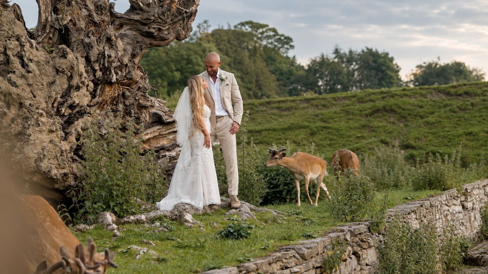 Couple standing on a hillside with deer grazing beside them