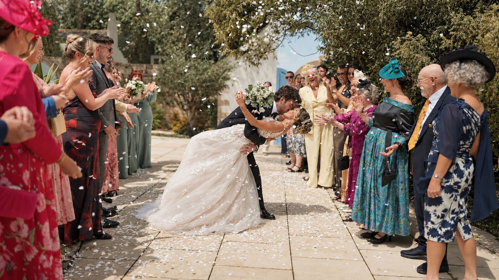 Groom dipping the bride for a kiss as guests throw confetti